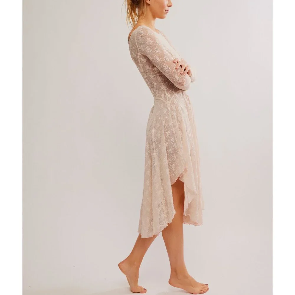 Free People Sheer Lace Long-Sleeve Chemise in Nude